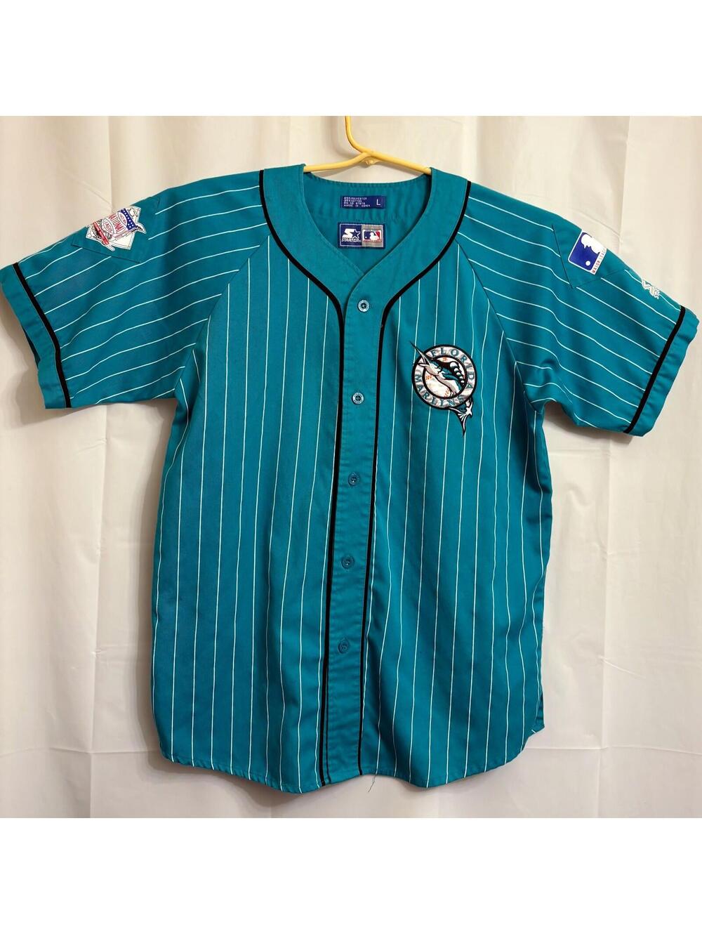 Vintage Starter Miami Marlins Teal Pinstripe Baseball Jersey MLB Licensed Large